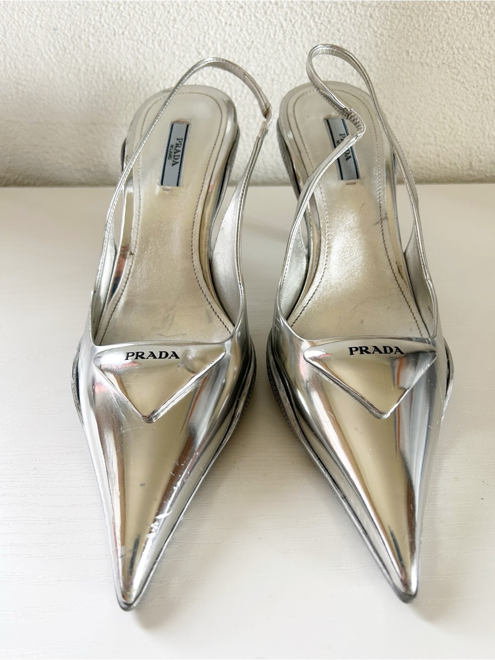 Prada Silver Metallic Slingback Heels Triangle Logo Size EU 41 - Picture 3 of 15